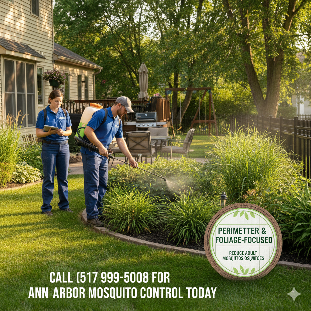 Perimeter and foliage‑focused applications reduce adult mosquitoes; trained techs follow label and safety guidance. Call (517) 999-5008.