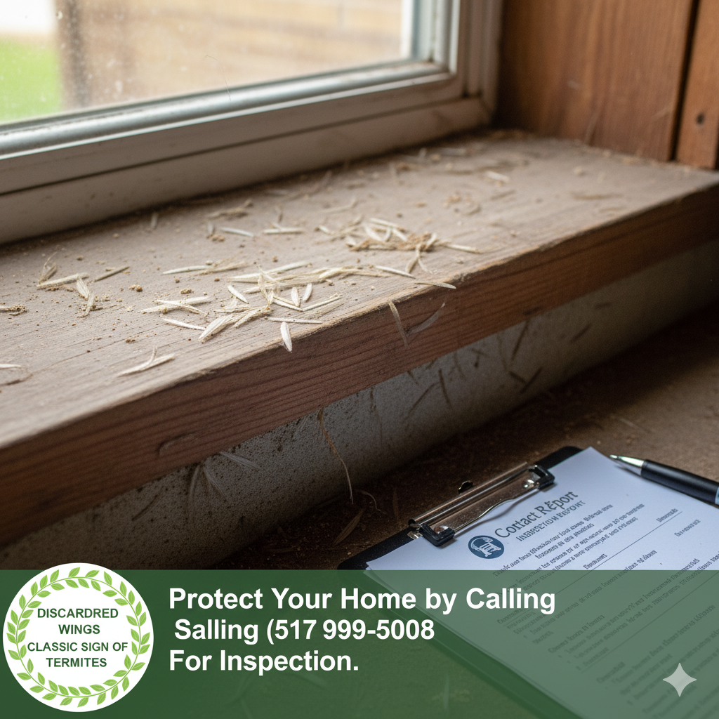 Discarded swarmer wings near a window sill, a classic sign of termites; protect your home by calling (517) 999-5008 for inspection.