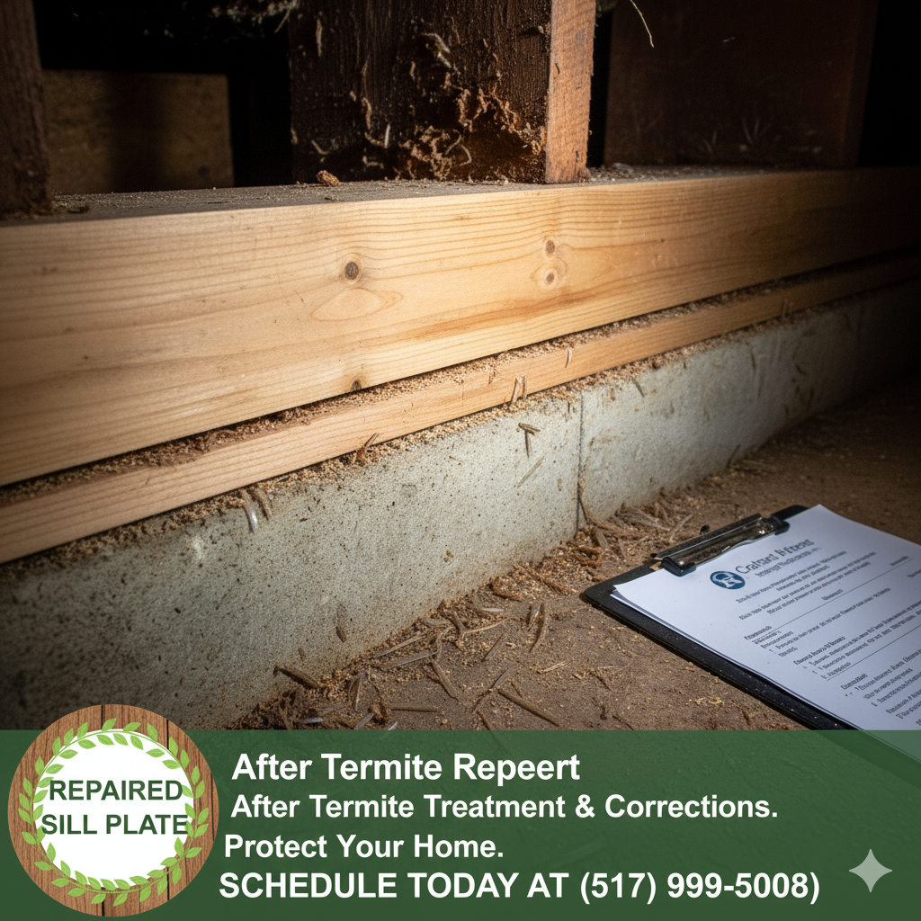 Repaired sill plate after termite treatment and corrections identified by inspection. Schedule today at (517) 999-5008 to protect your home.