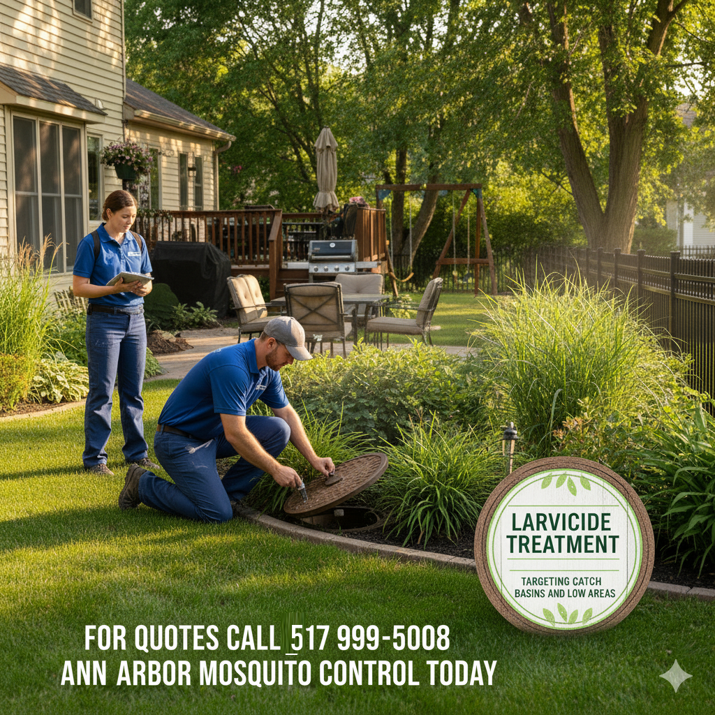 Larvicide treatment targeting catch basins and low areas to stop adult emergence; for quotes call (517) 999-5008 today.
