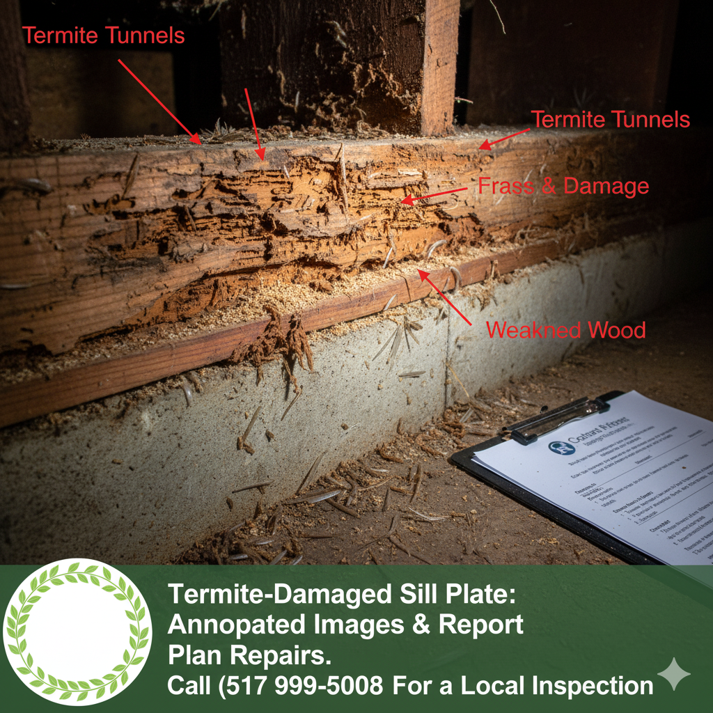 Termite-damaged sill plate before professional inspection; annotated images and report help plan repairs. Call (517) 999-5008 for a local inspection.