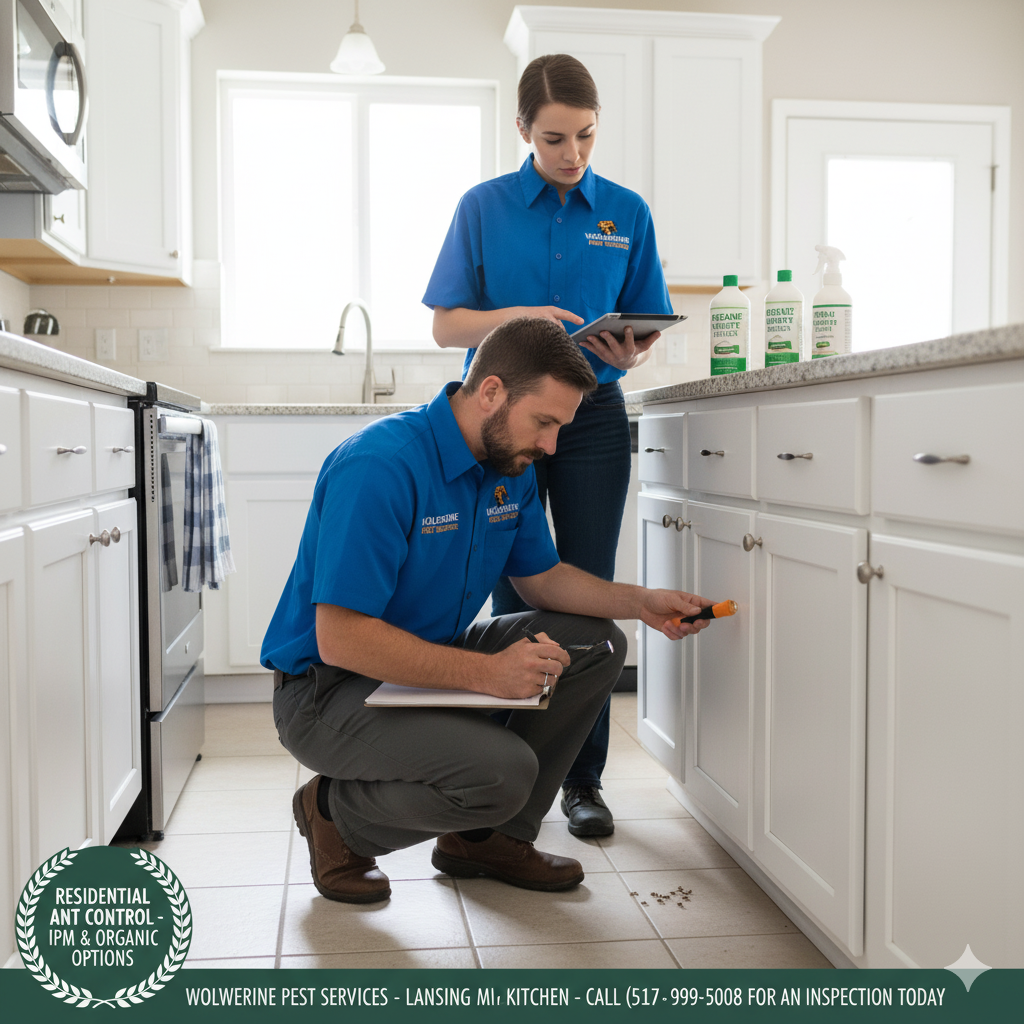 Wolverine Pest Services conducting residential ant control inspection in Lansing MI kitchen using IPM and organic options, call (517) 999-5008 for an inspection today.
