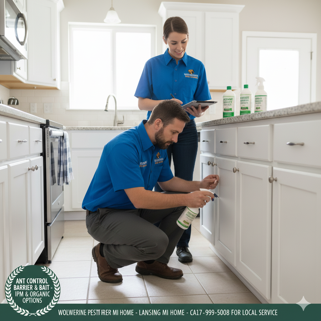 Applying precise ant control barrier and bait treatment at Lansing MI home using IPM with organic options by Wolverine Pest Services call (517) 999-5008 for local service.