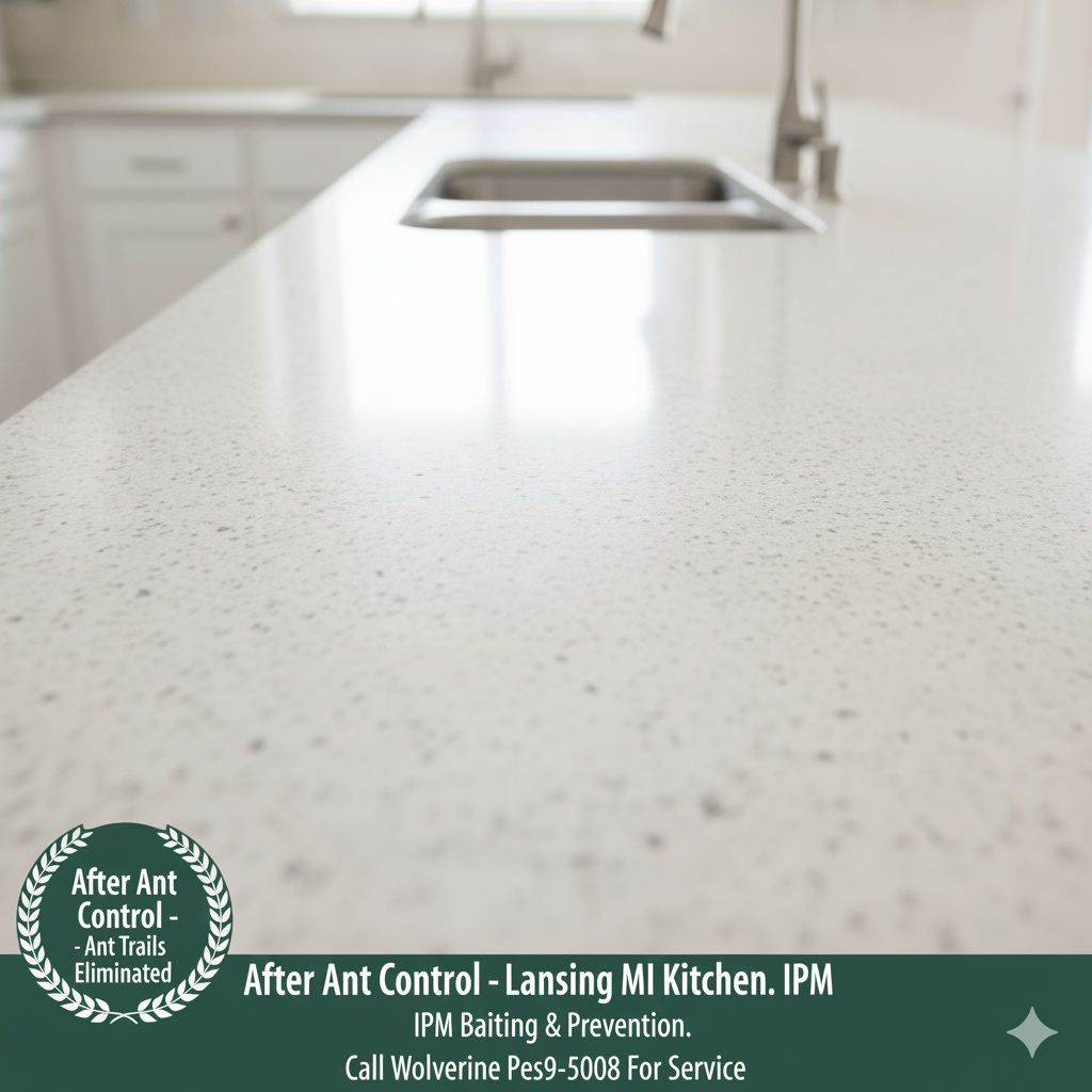 After ant control Lansing MI kitchen ant trails eliminated through IPM baiting and prevention steps Wolverine Pest Services call (517) 999-5008 for service.