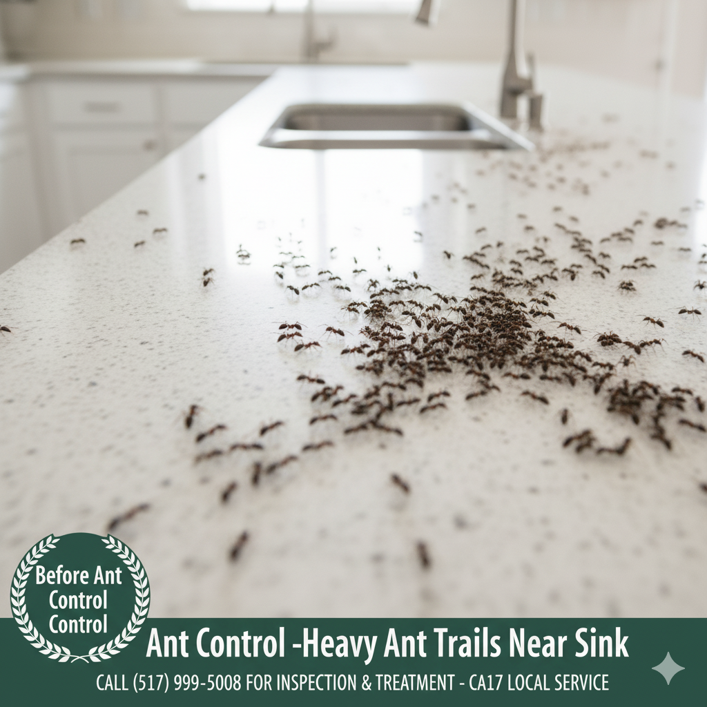 Before ant control in Lansing MI kitchen heavy ant trails near sink area call (517) 999-5008 for inspection and treatment Wolverine Pest Services.