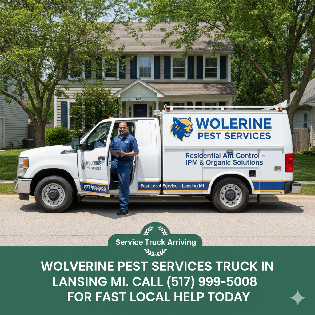 Wolverine Pest Services service truck in Lansing MI neighborhood arriving for residential ant control call (517) 999-5008 for fast local help today.